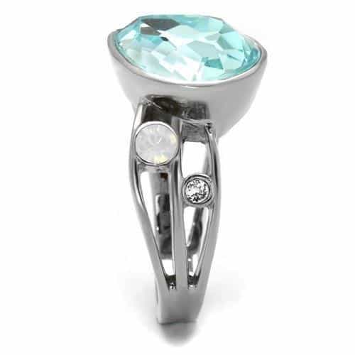 Stainless Steel Aquamarine Blue Pear CZ Side Accent Opal Ring view 8