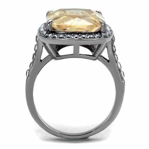 Stainless Steel Champagne Topaz Cushion CZ Halo Cocktail Ring view 7