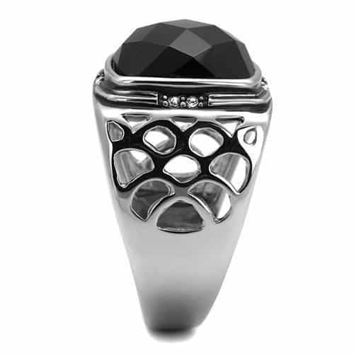 Stainless Steel Black Onyx Cushion CZ Side Accent Mens Ring view 4