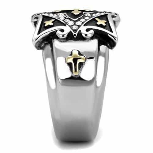 Stainless Steel Two Tone Gold Cross Star Shield CZ Gothic Ring view 8