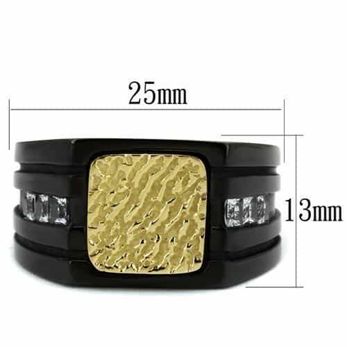 Stainless Steel Two Tone Black IP Gold Hammered Square CZ Ring view 2