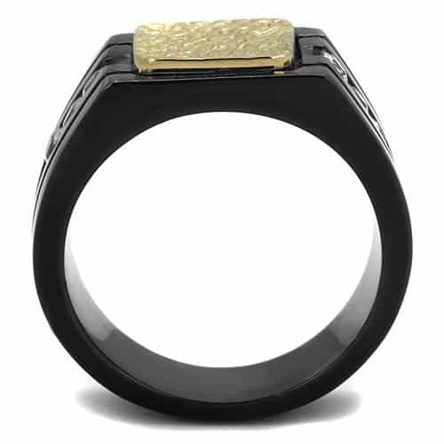 Stainless Steel Two Tone Black IP Gold Hammered Square CZ Ring view 3
