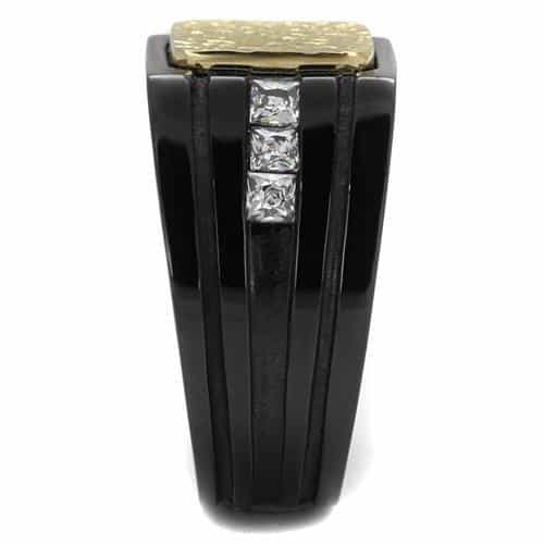 Stainless Steel Two Tone Black IP Gold Hammered Square CZ Ring view 4