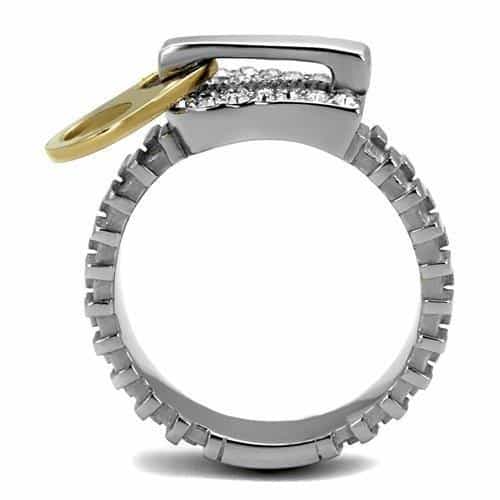 Stainless Steel Two Tone Gold CZ Zipper Gear Wide Ring view 7
