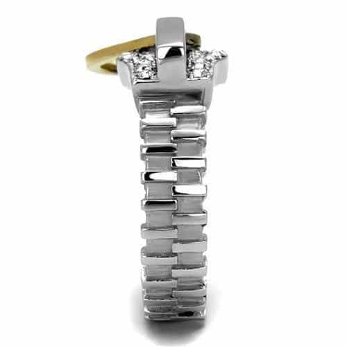 Stainless Steel Two Tone Gold CZ Zipper Gear Wide Ring view 4