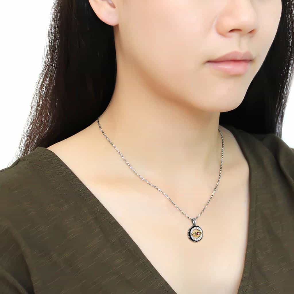 Stainless Steel Evil Eye Red CZ Round Halo Pendant view 3