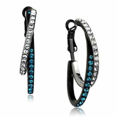 Stainless Steel Black IP Blue Aqua Clear CZ Bar Long Earrings view 3