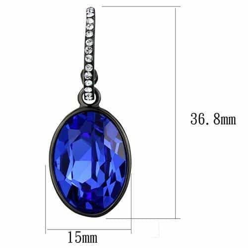 Stainless Steel Black IP Blue Sapphire Oval CZ Drop Earrings view 2