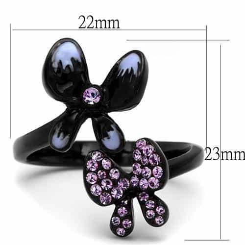 Stainless Steel Black IP Pink Lavender Crystal Butterfly Ring view 6