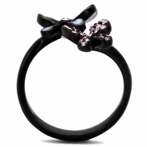 Stainless Steel Black IP Pink Lavender Crystal Butterfly Ring view 3