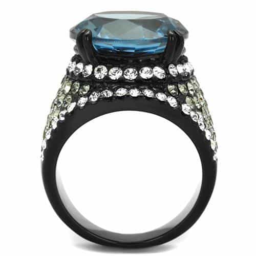 Stainless Steel Black IP Aquamarine Blue Round CZ Pave Ring view 7
