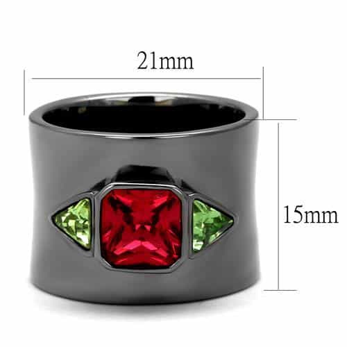Stainless Steel Black IP Ruby Red Princess Peridot Tri Stone Ring view 6