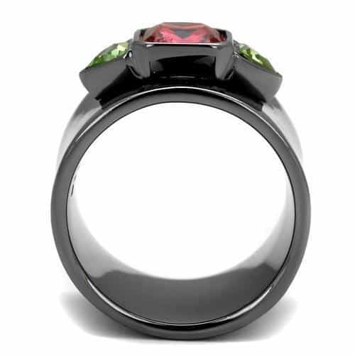 Stainless Steel Black IP Ruby Red Princess Peridot Tri Stone Ring view 7