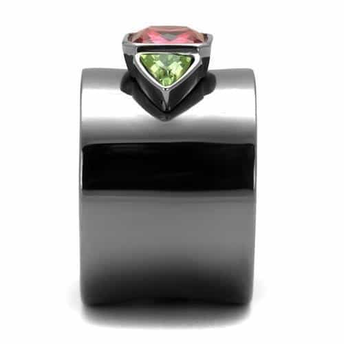 Stainless Steel Black IP Ruby Red Princess Peridot Tri Stone Ring view 8