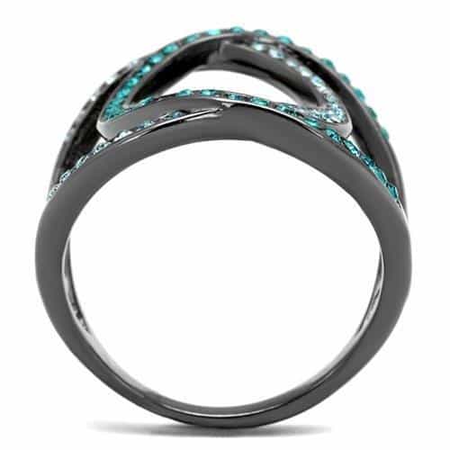 Stainless Steel Black IP Blue Zircon Teal Crystal Ring view 3