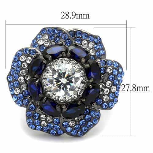 Stainless Steel Black IP Blue Sapphire CZ Flower Petal Ring view 2