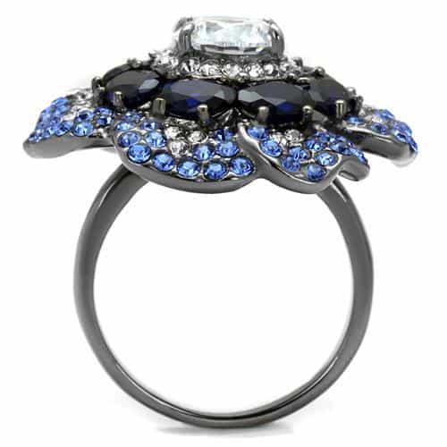 Stainless Steel Black IP Blue Sapphire CZ Flower Petal Ring view 7