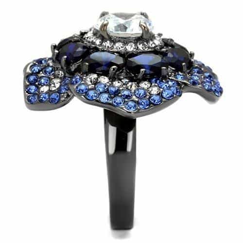 Stainless Steel Black IP Blue Sapphire CZ Flower Petal Ring view 4