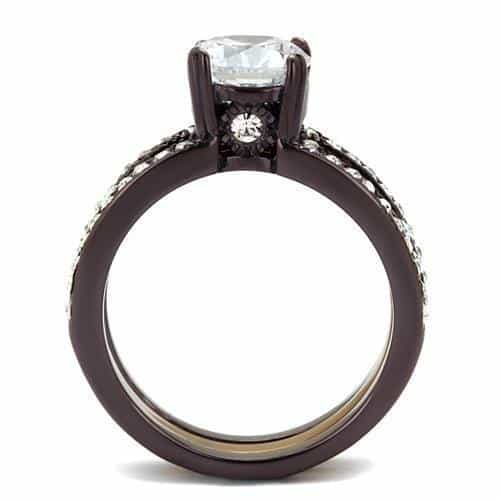 Stainless Steel Coffee Brown CZ Round Solitaire Pave Bridal Ring view 3