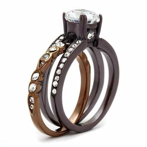 Stainless Steel Coffee Brown CZ Round Solitaire Pave Bridal Ring view 4