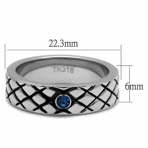 Stainless Steel Black IP Crosshatch Texture Blue Sapphire CZ Ring view 7