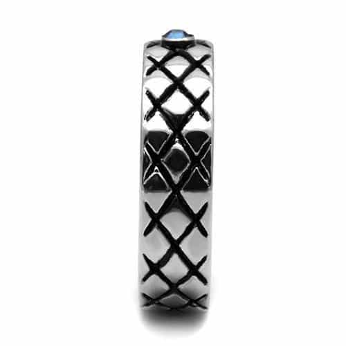 Stainless Steel Black IP Crosshatch Texture Blue Sapphire CZ Ring view 10