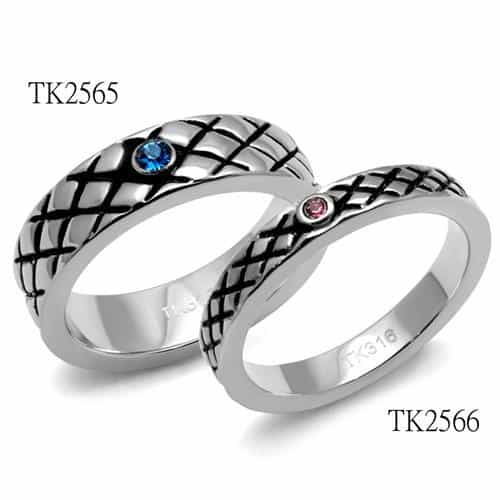 Stainless Steel Crosshatch Texture Pink CZ Accent Ring view 8