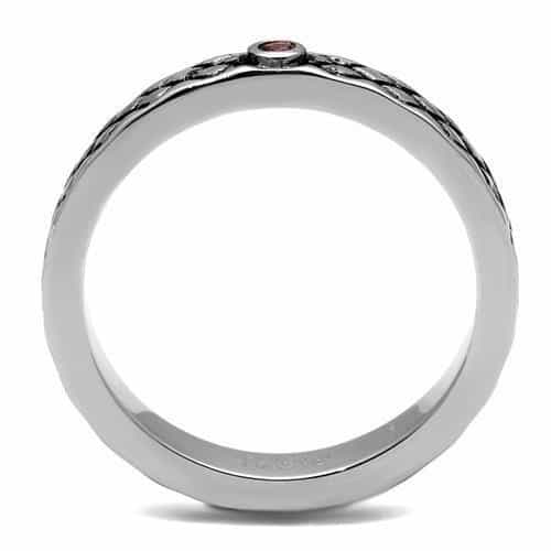 Stainless Steel Crosshatch Texture Pink CZ Accent Ring view 9