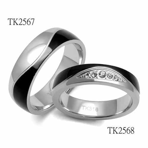 Stainless Steel Black Enamel Inlay CZ Channel Accent Ring view 3