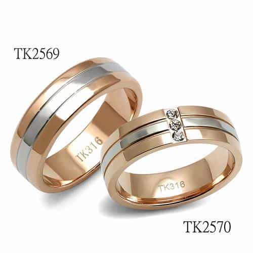 Stainless Steel Rose Gold IP CZ Triple Bezel Groove Accent Ring view 3