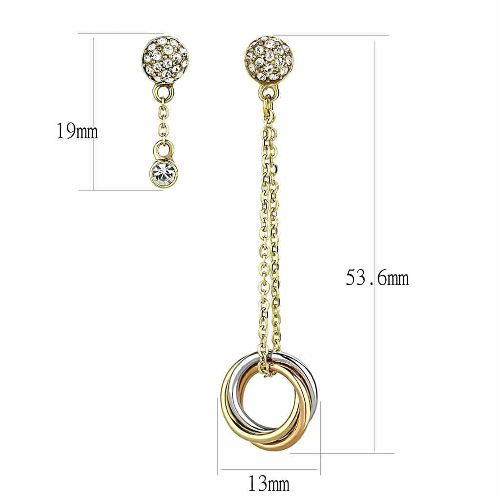 Stainless Steel Gold IP CZ Ball Chain Circle Drop Earrings view 2