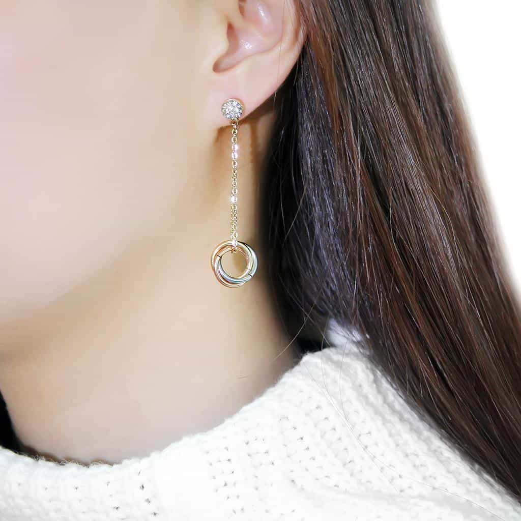 Stainless Steel Gold IP CZ Ball Chain Circle Drop Earrings view 3