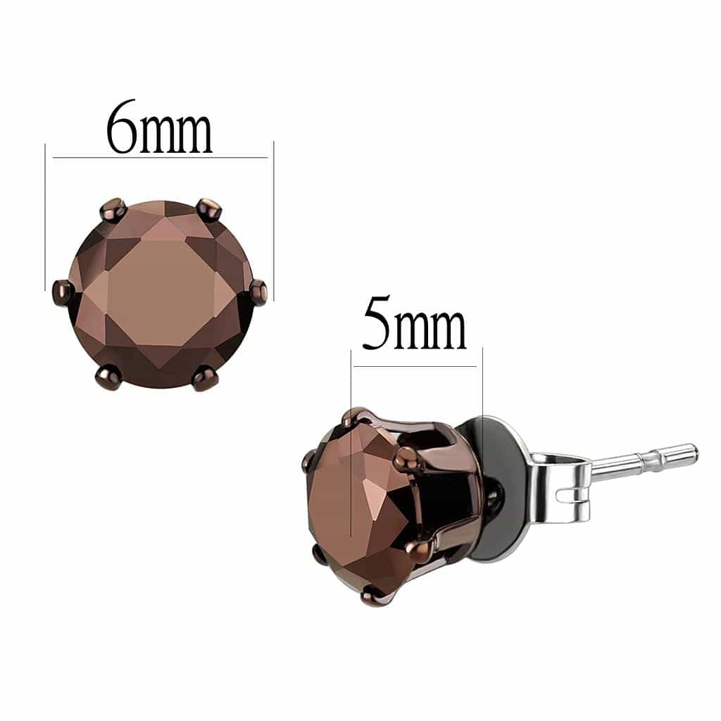 Stainless Steel Smoky Brown CZ Round Medium Prong Stud Ring view 2