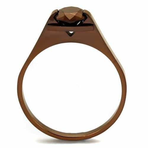 Stainless Steel Coffee Brown CZ Round Hexagonal Solitaire Ring view 7