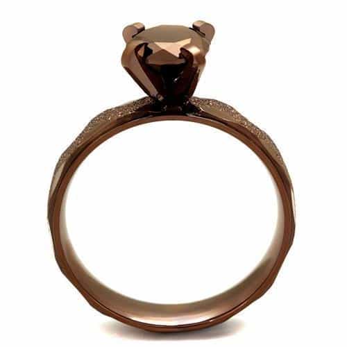 Stainless Steel Coffee Brown CZ Round Solitaire Sandblast Ring view 7