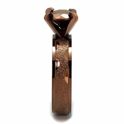 Stainless Steel Coffee Brown CZ Round Solitaire Sandblast Ring view 8