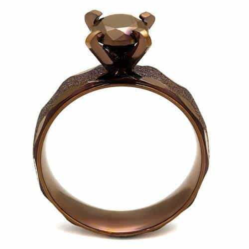 Stainless Steel Coffee Brown CZ Round Solitaire Frosted Ring view 7