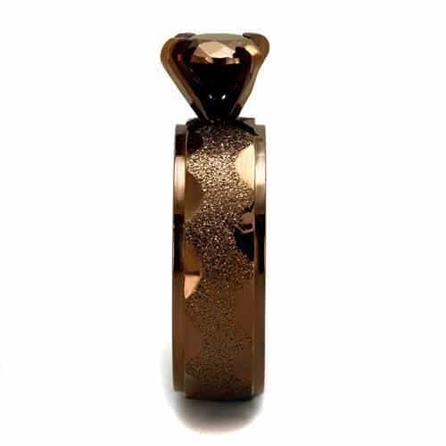 Stainless Steel Coffee Brown CZ Round Solitaire Frosted Ring view 8