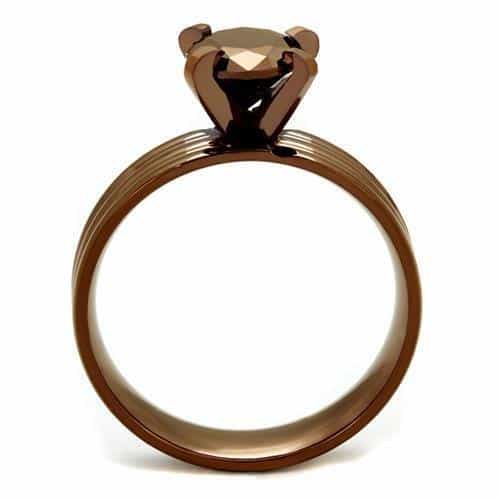 Stainless Steel Coffee Brown CZ Round Solitaire Ridged Ring view 7