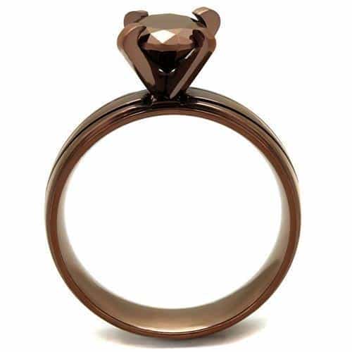 Stainless Steel Coffee Brown CZ Round Solitaire Smooth Ring view 3