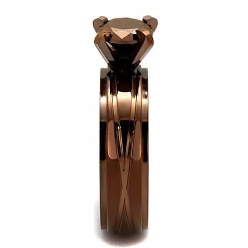Stainless Steel Coffee Brown CZ Round Solitaire Smooth Ring view 4