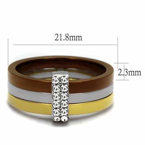 Stainless Steel Three Tone Gold Brown Silver CZ Pave Stack Ring view 2