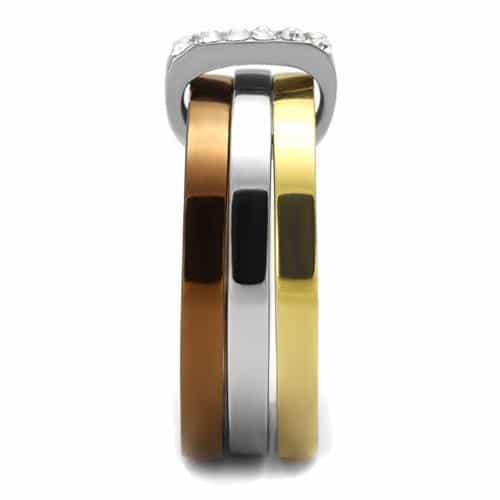 Stainless Steel Three Tone Gold Brown Silver CZ Pave Stack Ring view 4