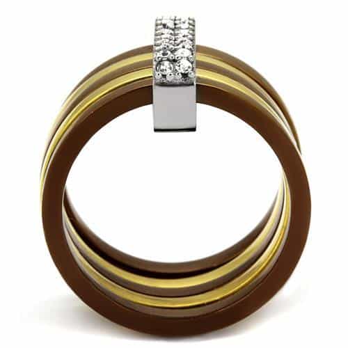 Stainless Steel Three Tone Gold Brown Coffee CZ Pave Stack Ring view 3