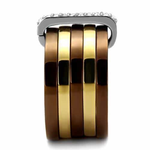 Stainless Steel Three Tone Gold Brown Coffee CZ Pave Stack Ring view 8