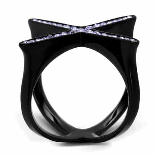 Stainless Steel Black IP CZ X Criss Cross Open Ring view 4