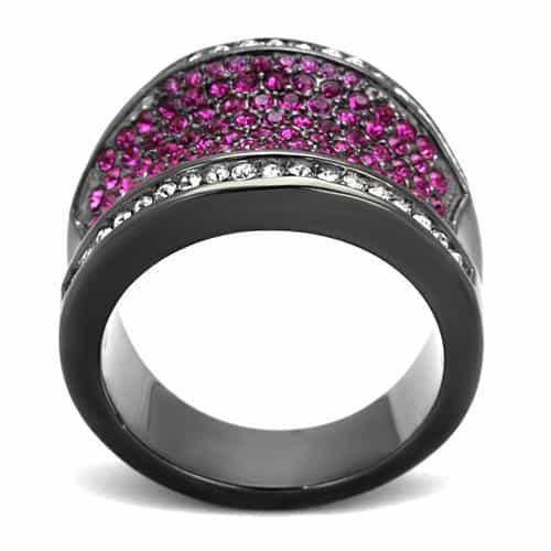 Stainless Steel Black IP Fuchsia Pink Crystal Pave Wide Dome Ring view 3