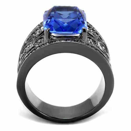 Stainless Steel Dark Gunmetal Blue Sapphire Emerald Cut CZ Ring view 3