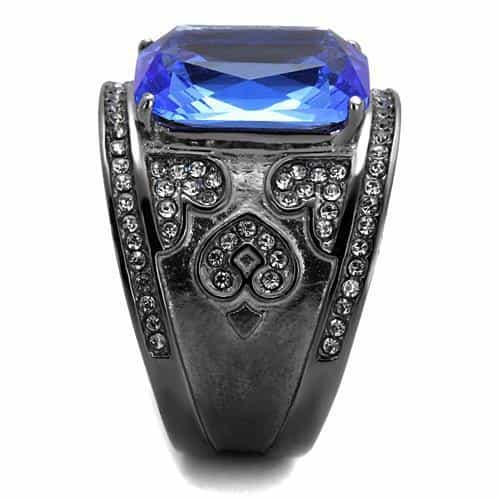Stainless Steel Dark Gunmetal Blue Sapphire Emerald Cut CZ Ring view 4
