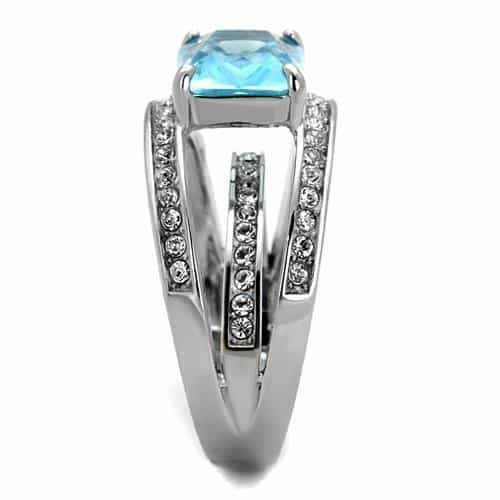 Stainless Steel Aquamarine Blue Princess CZ Channel Pave Ring view 4
